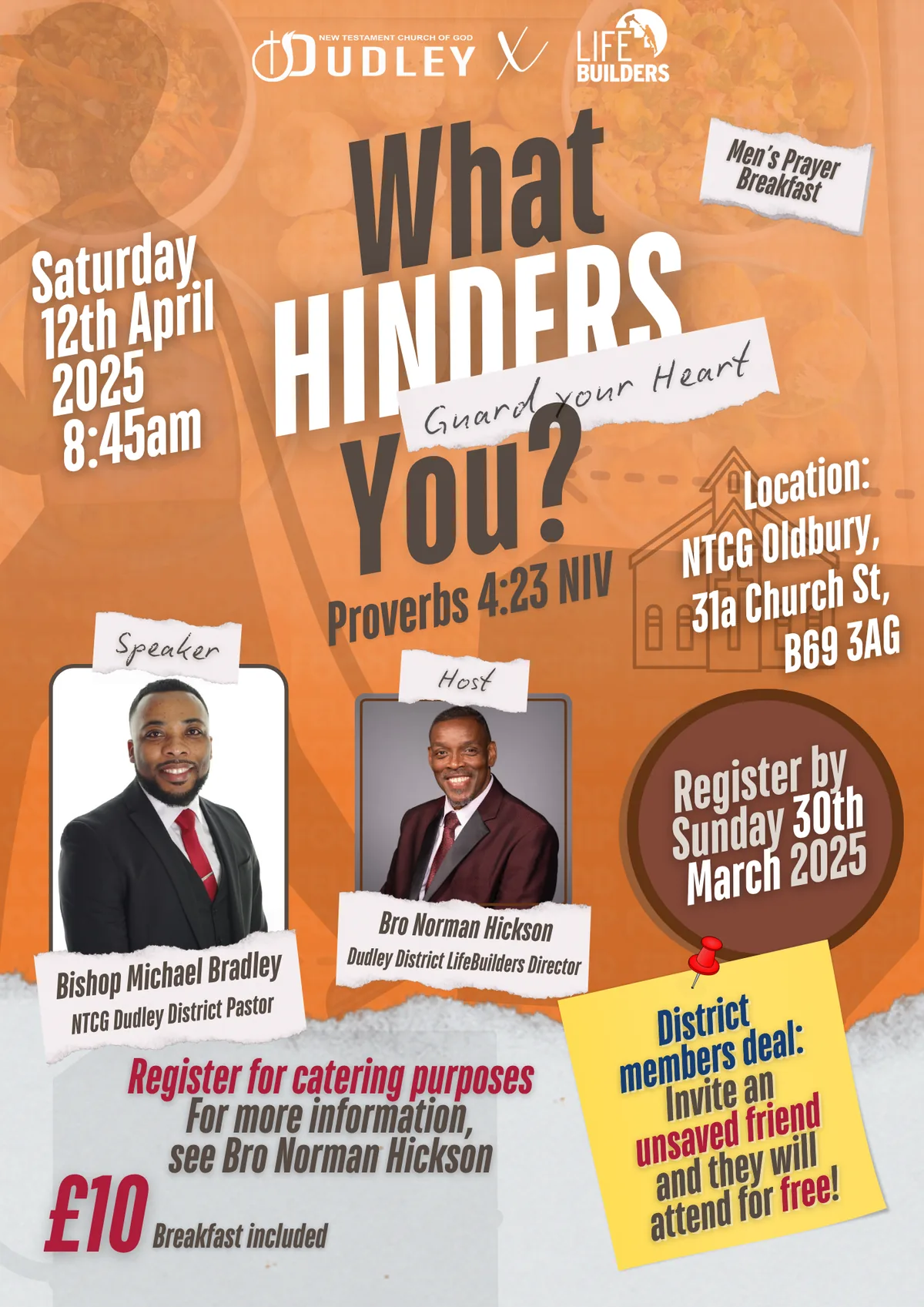 A3 orange gradient poster reading 'What Hinders You?' in heavy condensed type with the theme 'Guard your Heart' on a torn paper strip, showing the date, location, ticket price, registration deadline and portraits of the speaker and host.